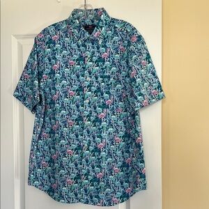 Vineyard Vines Men's Green and Pink Shirt with Flamingos